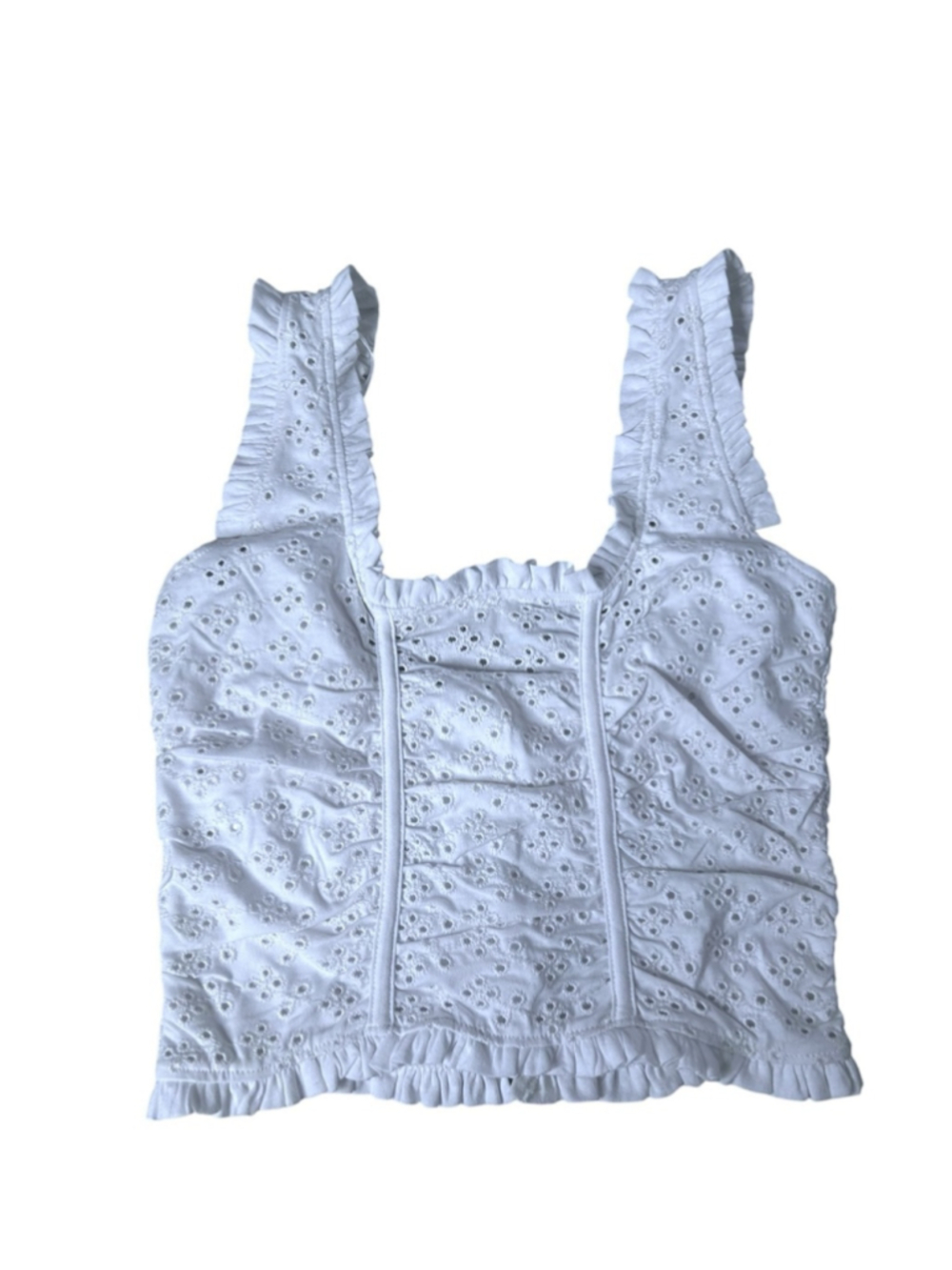 Zara White Eyelet Lace Ruched Ruffle Boho Corset Cotton Crop Top Size Small - Picture 13 of 15